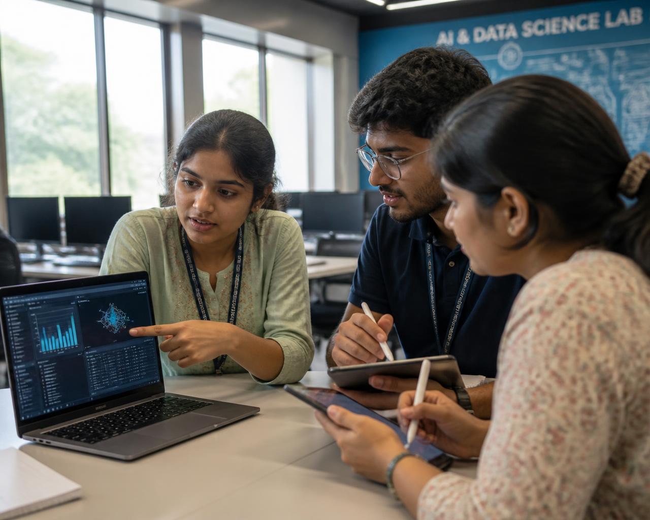 Students analyzing data and machine learning models in a lab