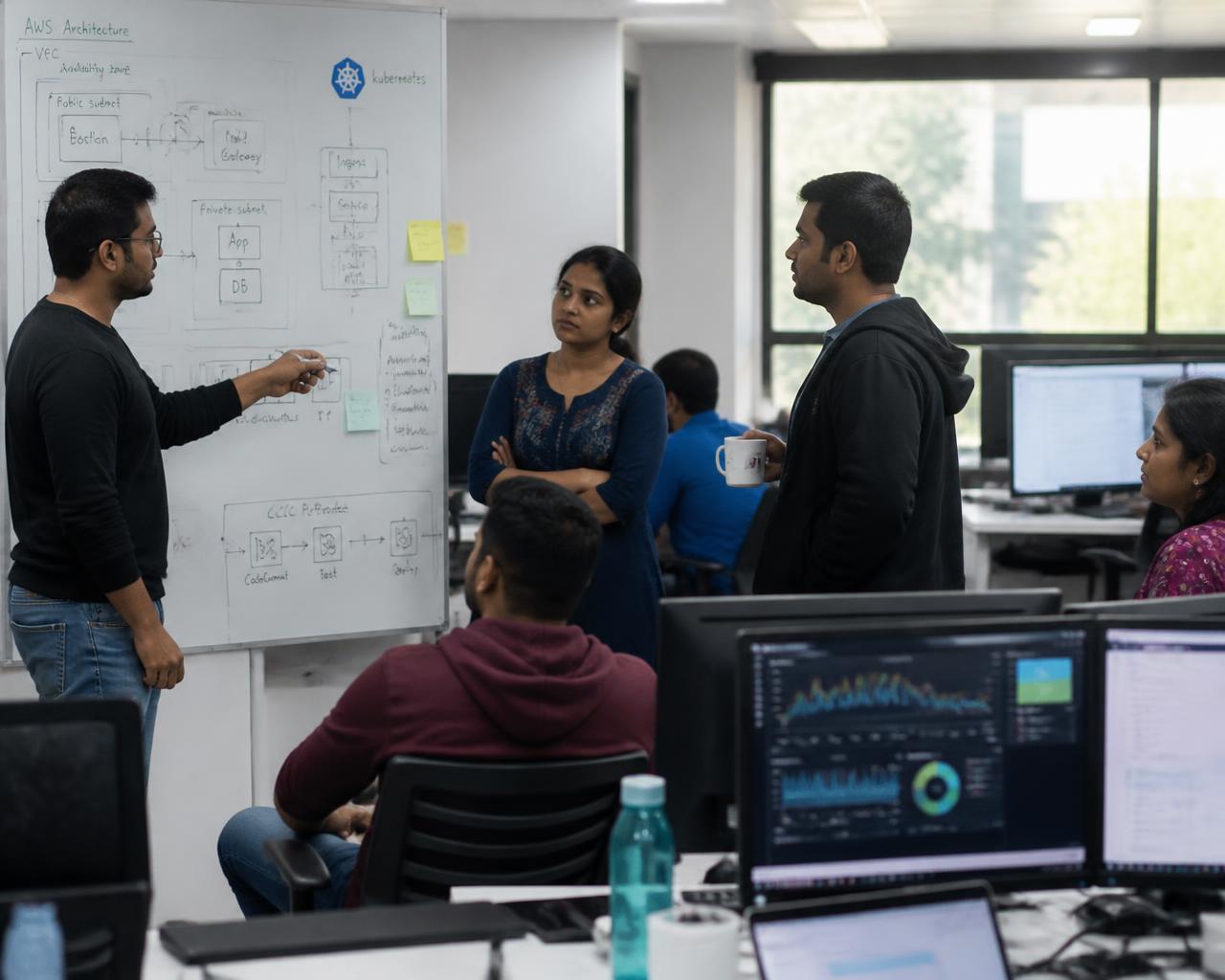 Engineers discussing cloud architecture on a whiteboard