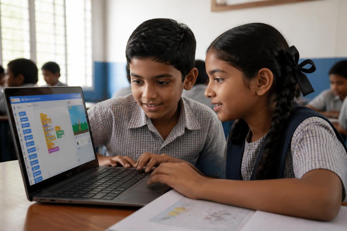 A young student building her first game with block coding