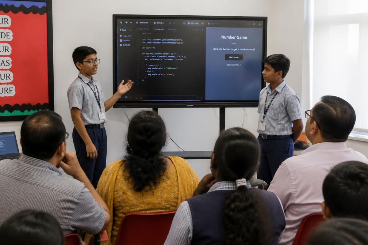 School children presenting their robotics project at demo day