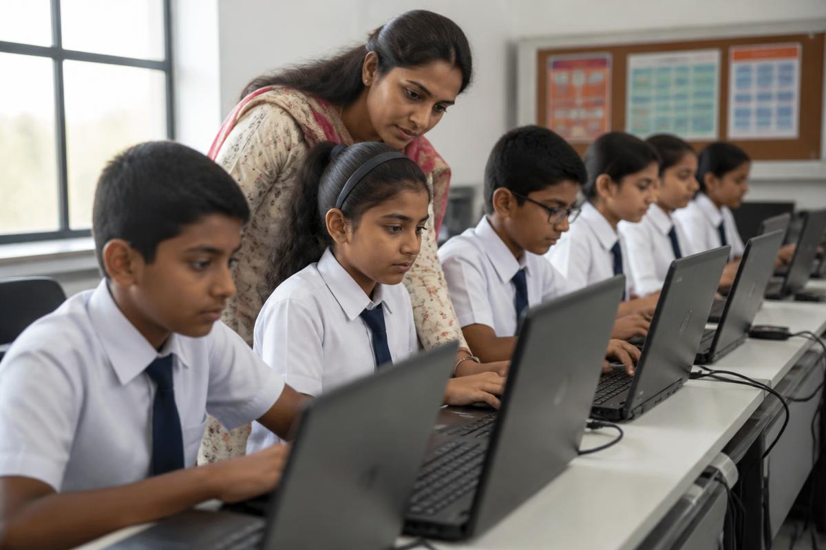Indian school children coding at computers in a school lab