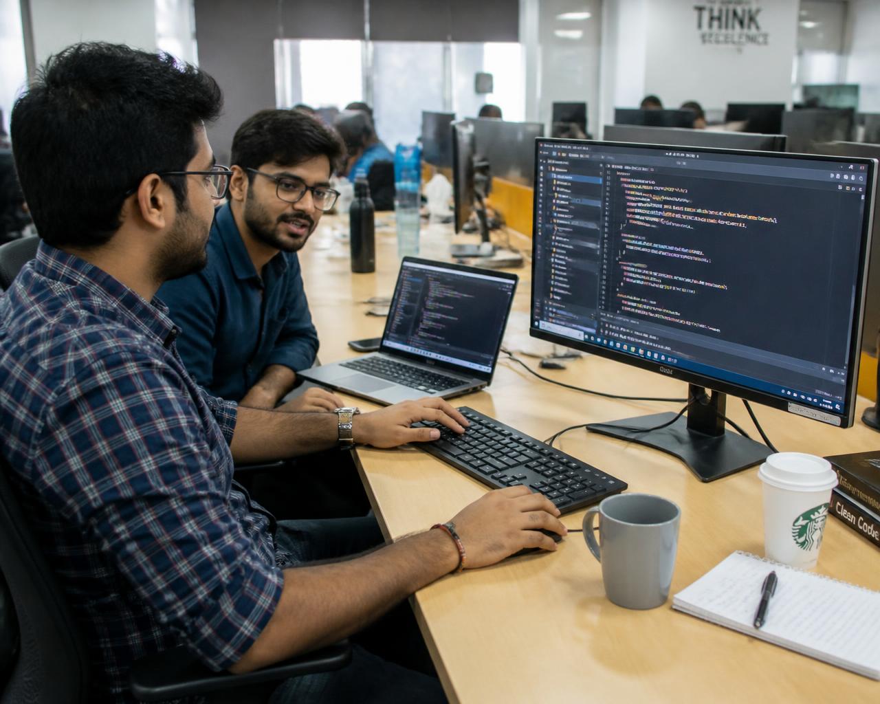 Developers pair programming at a modern workspace